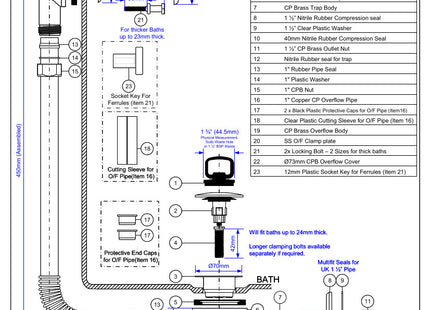 McAlpine BRASSTRAP-25-CP 1½" Chrome Plated Brass Trap, Chrome Plated Brass Combined Waste and Overflow with 70mm Spring-Loaded Mushroom Plug and matching Overflow Face