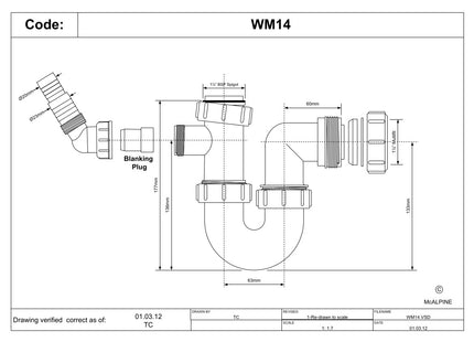 McAlpine WM14 75mm Water Seal Tubular Swivel 'P' Trap with 1½" Multifit Outlet and 135° swivel inlet connection for the discharge from a domestic appliance