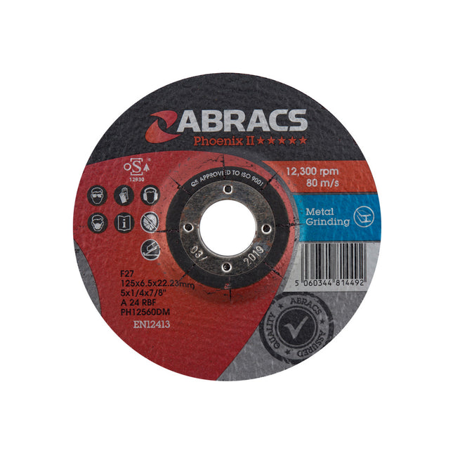 Abracs Phoenix Ii Depressed Centre Metal Grinding Disc - 125 x 6.5 x 22mm (Box of 25)