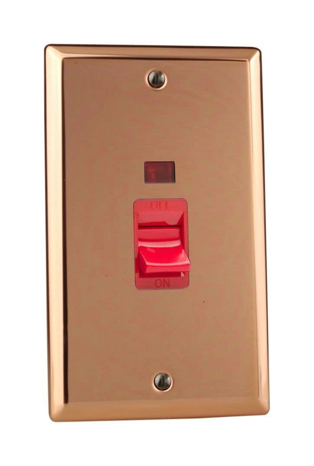 Varilight XY45N.CU Double Pole Switch + Neon 45 Amp 2-Gang Polished Copper (Black Inserts)