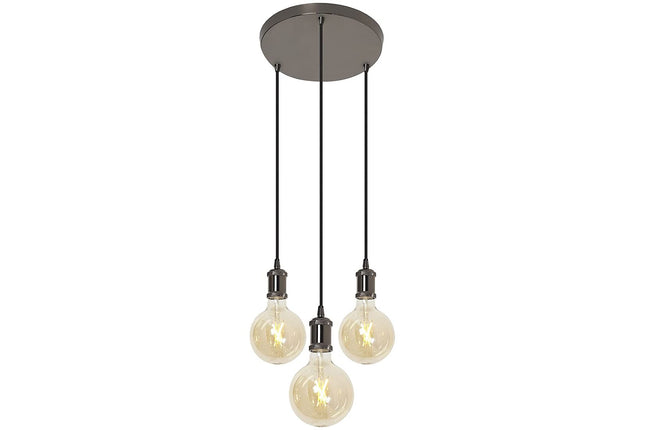 4lite Smart Wiz Connected Decorative 3 Light Circular Pendant with Smart LED Bulb Blackened Silver Finish E27 G125 Amber Coated Filament Bulbs Included 6.5w 725lm WiFi Bluetooth Tunable White