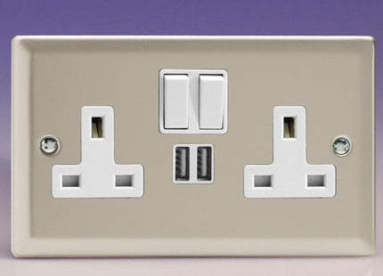 Varilight Chrome Twin Socket with USB Satin Chrome White Insert
