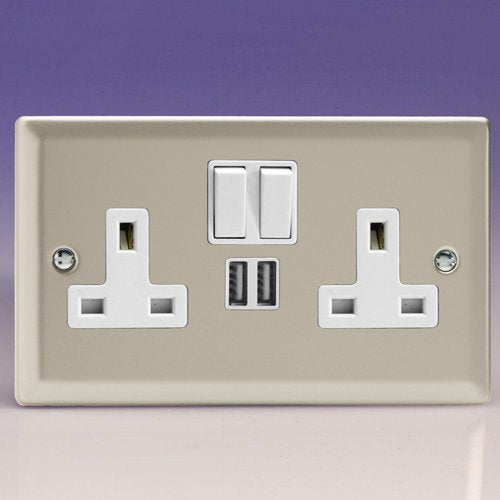 Varilight Chrome Twin Socket with USB Satin Chrome White Insert