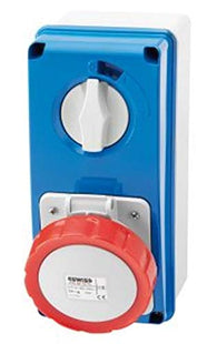 Gewiss GW66208N Interlocked Vertical Socket-Outlet with Bottom and Rotary Switch, without Fuse-Holder Base, IP67, 6 Reference, 3P+E Pole, 380V-415V, 16 A, 50 Hz/60 Hz, Red