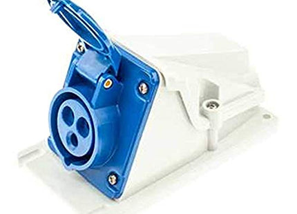 Gewiss GW62488 Low Voltage Screw Wiring 90 Degree Angled Surface-Mounting Socket-Outlet, IP44, 6 Reference, 2P+E Pole, 200V-250V, 32 A, 50 Hz/60 Hz, Blue