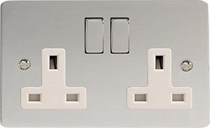 Varilight Ultra Flat Plate Polished Chrome White & Metal Inserts 2-Gang 13Amp Plug Socket XFC5DW