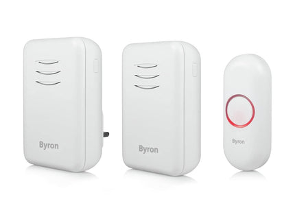 Byron DBY-22314UK Wireless Doorbell Set, Twin Pack, Battery Portable and Plug In, 150 m Range, 16 Melodies, White