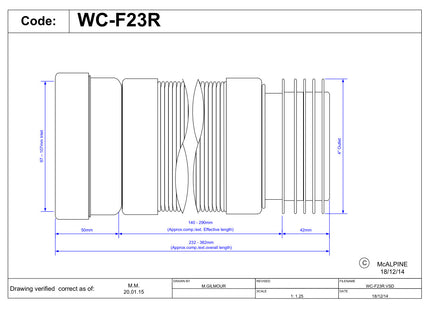 McAlpine Flexible WC Connector for WC HO Wall Pans with Flexi Hose Extends to 310mm     WC-F23R