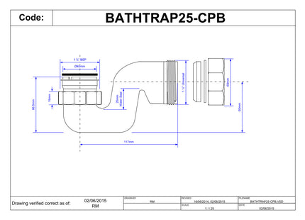 McAlpine BATHTRAP25-CPB 25mm Water Seal Chrome Plated Brass Bath Trap with 1½" Universal Outlet