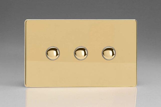 Varilight 3-Gang 6A 1- or 2-Way Push-On/Off Impulse Switch (Twin Plate) Polished Brass XDVP3S