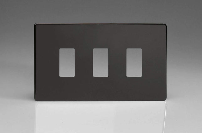 Varilight XDLPGY3S Screwless Premium Black 3 Gang PowerGrid Plate (Twin Plate)