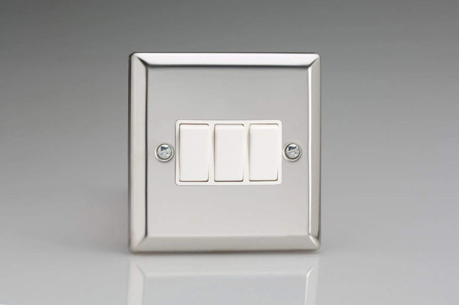 Varilight Rocker Switches White 3 Gang Mirror Chrome,91x91x25mm XC3W