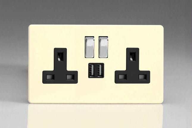 Varilight XDY5U2SBS.PD Screwless Primed 2-Gang Double 13A Switched Plug Socket 2.1A USB