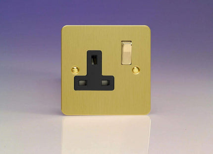 Varilight Ultra Flat Plate Brushed Brass 1-Gang 13A Switched Plug Socket Black Insert XFB4DB