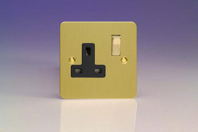 Varilight Ultra Flat Plate Brushed Brass 1-Gang 13A Switched Plug Socket Black Insert XFB4DB