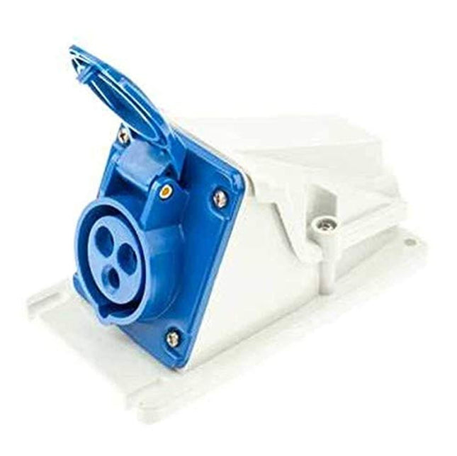 Gewiss GW62477 Low Voltage Screw Wiring 90 Degree Angled Surface-Mounting Socket-Outlet, IP44, 6 Reference, 2P+E Pole, 200V-250V, 16 A, 50 Hz/60 Hz, Blue