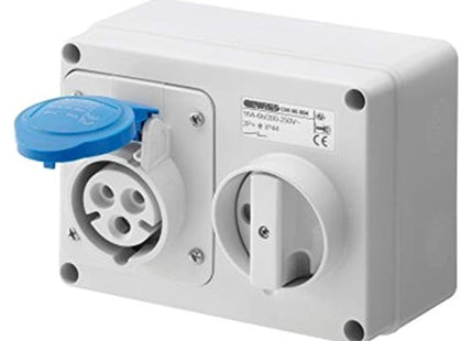 Gewiss GW66015 Horizontal Interlocked Socket Outlet, IP44, 6 Reference, 2P+E Pole, 200V-250V, 32 A, 50 Hz/60 Hz, Blue