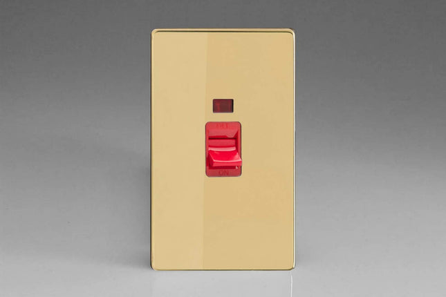 Varilight XDV45NS Screwless Polished Brass 45A DP Cooker Switch Vertical Twin Plate + Neon