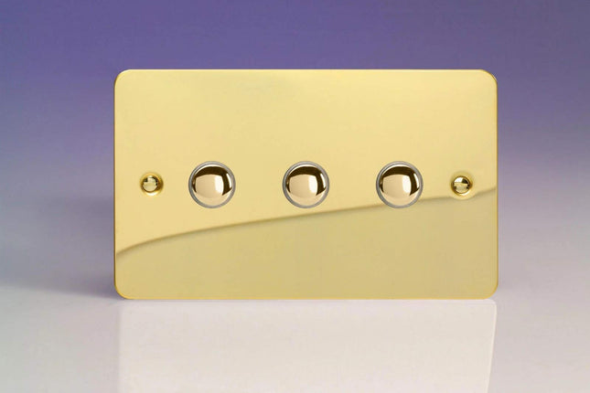 Varilight 3-Gang 6A 1- or 2-Way Push-On/Off Impulse Switch (Twin Plate) Polished Brass XFVP3