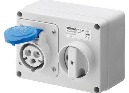 Gewiss GW66004 Horizontal Interlocked Socket Outlet, IP44, 6 Reference, 2P+E Pole, 200V-250V, 16 A, 50 Hz/60 Hz, Blue