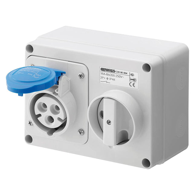 Gewiss GW66004 Horizontal Interlocked Socket Outlet, IP44, 6 Reference, 2P+E Pole, 200V-250V, 16 A, 50 Hz/60 Hz, Blue