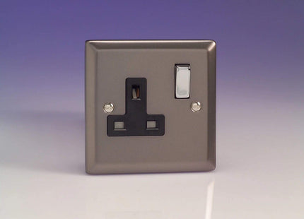 Varilight Classic Pewter 1-Gang 13A Switched Plug Socket Black and Metal Inserts XR4DB