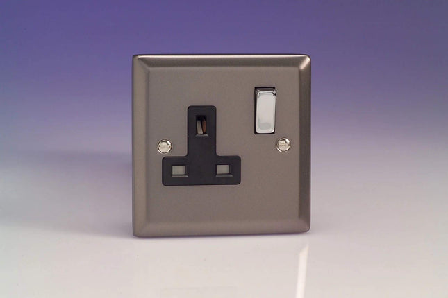 Varilight Classic Pewter 1-Gang 13A Switched Plug Socket Black and Metal Inserts XR4DB