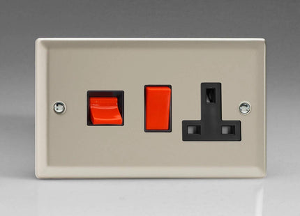 Varilight Classic Satin Chrome 45 Amp Cooker Switch & 13 Amp Switched Plug Socket Black Inserts XN45PB