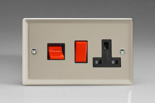 Varilight Classic Satin Chrome 45 Amp Cooker Switch & 13 Amp Switched Plug Socket Black Inserts XN45PB