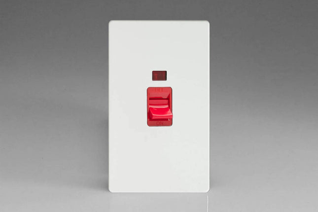 Varilight 45A Cooker Switch + Neon (Vertical Twin Plate, Red Rocker) Premium White XDQ45NS