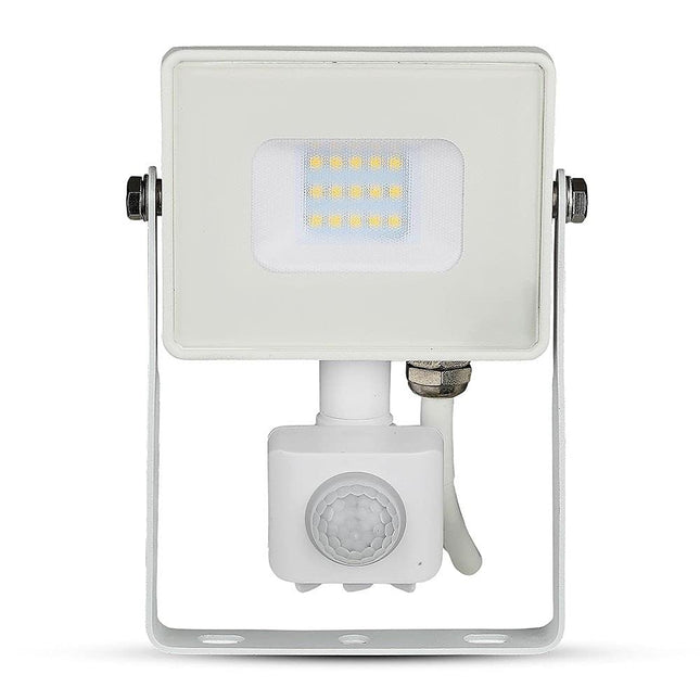 V-TAC 10W with Motion Sensor Waterproof Outside Security LED Floodlight with Samsung LED White Body White Glass IP65 4000K Day White 800 Lumens