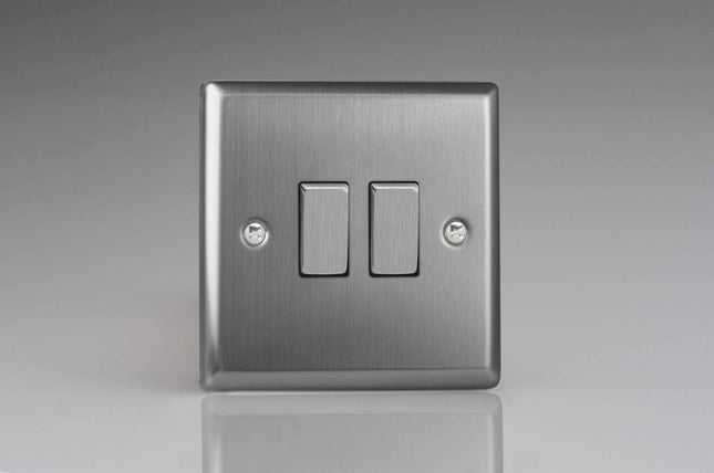 Varilight XT77D Classic Brushed Steel 2-Gang 10A Intermediate Rocker Light Switch Metal Rockers