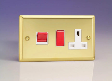 Varilight Classic Victorian Brass 45 Amp Cooker Switch & 13 Amp Switched Plug Socket White Inserts XV45PW