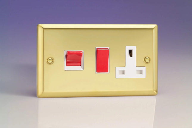 Varilight Classic Victorian Brass 45 Amp Cooker Switch & 13 Amp Switched Plug Socket White Inserts XV45PW