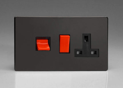 Varilight Flat Plate Screwless Jet Black 45A Cooker Switch & Plug Socket Black Inserts XDL45PBS