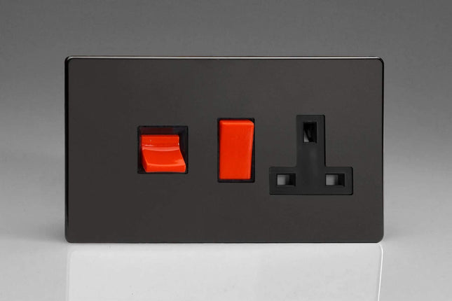 Varilight Flat Plate Screwless Jet Black 45A Cooker Switch & Plug Socket Black Inserts XDL45PBS