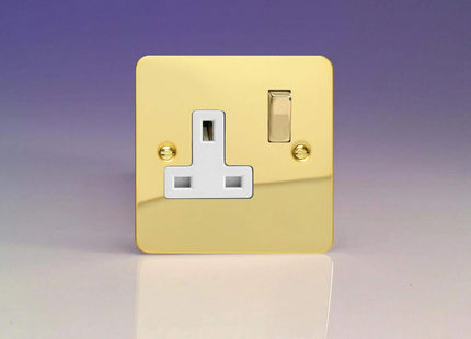 Varilight Ultra Flat Plate Polished Brass 1-Gang 13A Switched Plug Socket White Insert XFV4DW