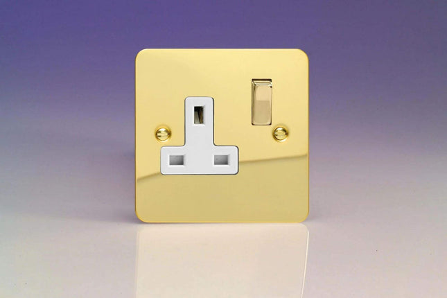 Varilight Ultra Flat Plate Polished Brass 1-Gang 13A Switched Plug Socket White Insert XFV4DW
