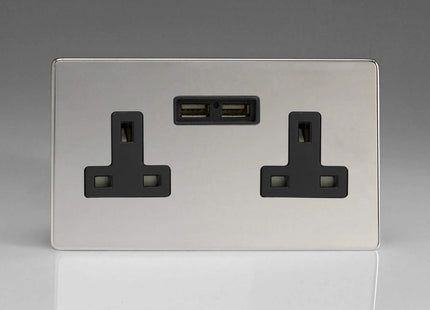 Varilight 2-Gang, 13 Amp Unswitched Socket with 2 Optimised USB Charging Ports, Black Insert. Dimension Screwless Polished Chrome