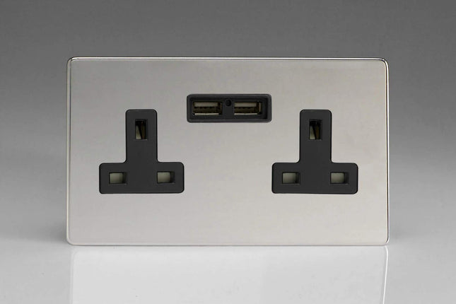 Varilight 2-Gang, 13 Amp Unswitched Socket with 2 Optimised USB Charging Ports, Black Insert. Dimension Screwless Polished Chrome
