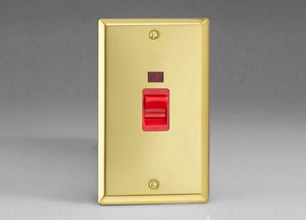 Varilight 45A Cooker Switch + Neon (Vertical Twin Plate, Red Rocker) Victorian Brass XV45N