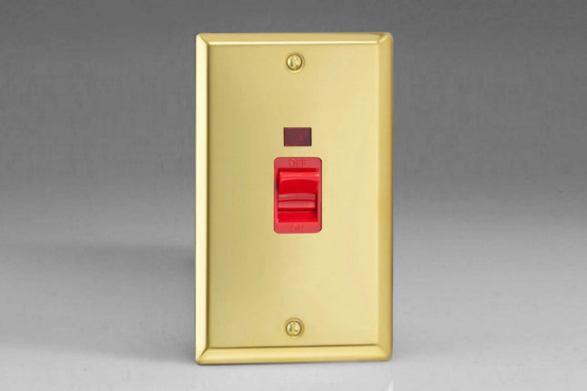 Varilight 45A Cooker Switch + Neon (Vertical Twin Plate, Red Rocker) Victorian Brass XV45N