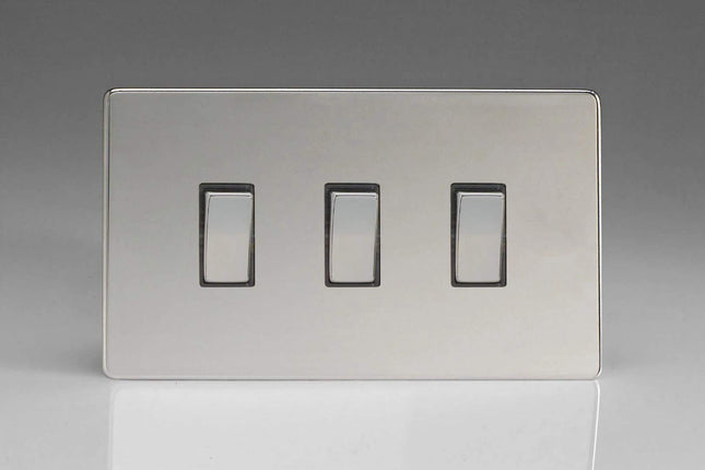 Varilight 3-Gang 10A 1- or 2-Way Rocker Light Switch (Twin Plate) Polished Chrome XDC93S