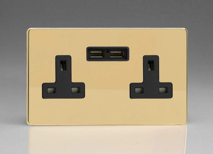 Varilight 2-Gang, 13 Amp Unswitched Socket with 2 Optimised USB Charging Ports, Black Insert. Dimension Screwless Polished Brass Effect
