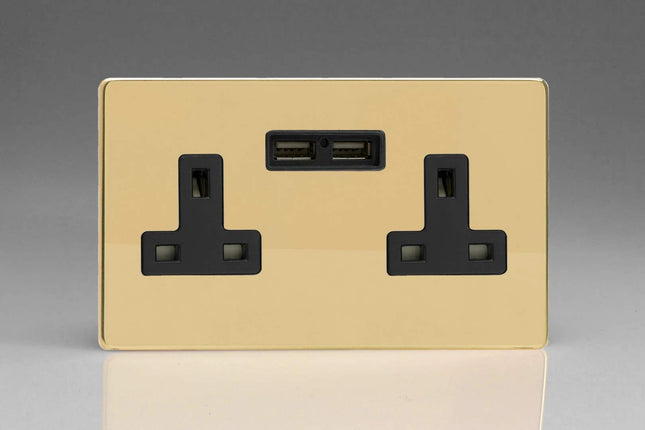 Varilight 2-Gang, 13 Amp Unswitched Socket with 2 Optimised USB Charging Ports, Black Insert. Dimension Screwless Polished Brass Effect
