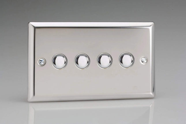 Varilight 4-Gang 6A 1- or 2-Way Push-On/Off Impulse Switch (Twin Plate) Mirror Chrome XCP4