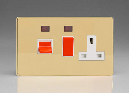 Varilight Flat Plate Screwless Polished Brass 45A Cooker Switch & 13A Plug Socket with Neon White Insert XDV45PNWS