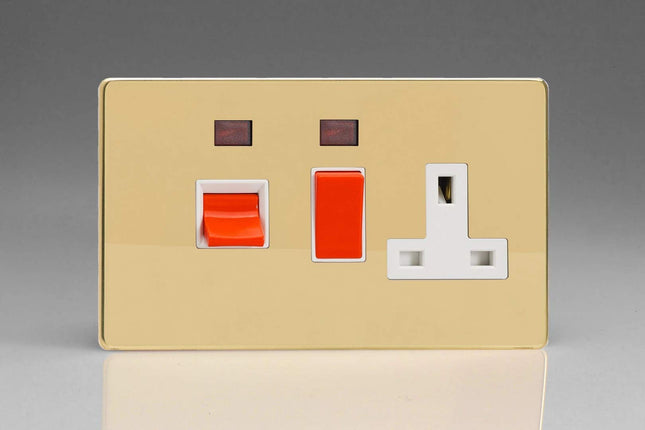 Varilight Flat Plate Screwless Polished Brass 45A Cooker Switch & 13A Plug Socket with Neon White Insert XDV45PNWS