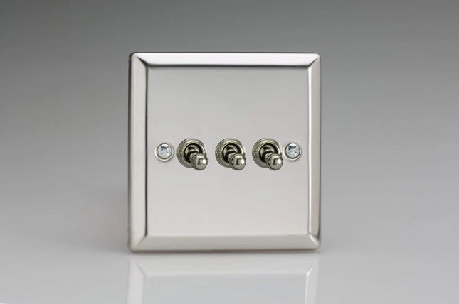 Varilight XCT3 Toggle Switches 3 Gang Mirror Chrome,91x91x36mm