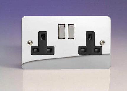 Varilight Ultra Flat Plate Polished Chrome Black & Metal Inserts 2-Gang 13Amp Plug Socket XFC5DB